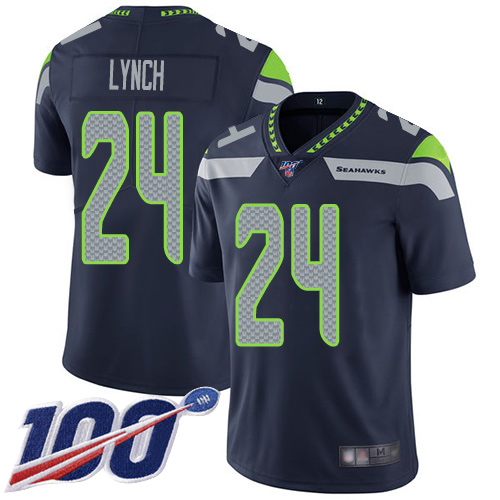 Men Seattle Seahawks #24 Lynch Blue Nike Vapor Untouchable Limited 100th patch NFL Jersey